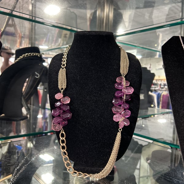 Vintage Ann Taylor Loft Two Tone Purple Amethyst Bead Flapper Statement Necklace
