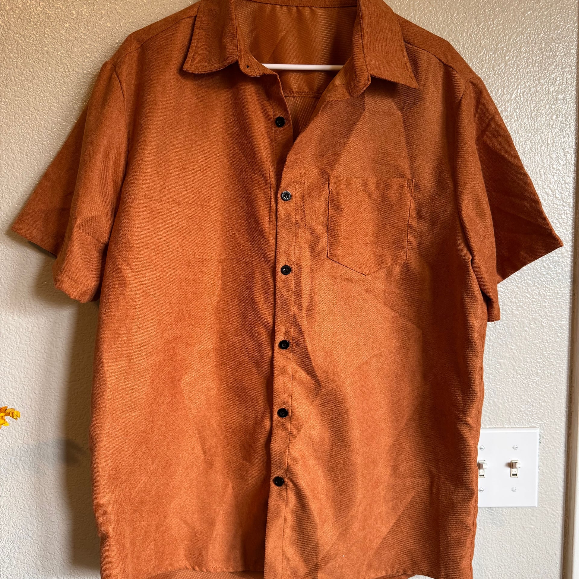 Burnt Orange Textured Blend Short Sleeve Button Down Shirt XL 1