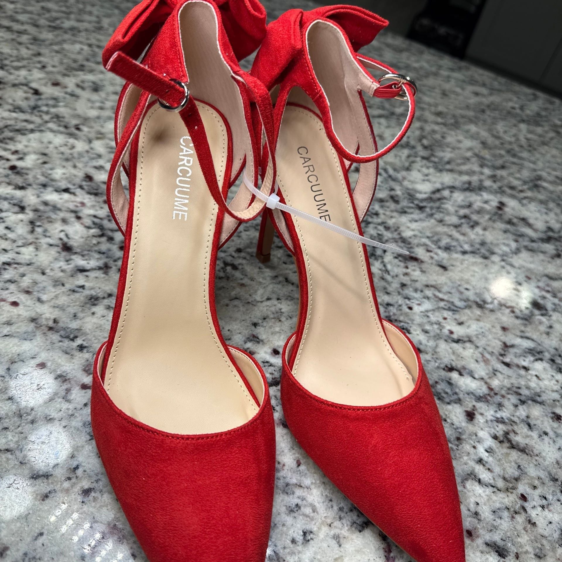 Carcuume Red Suede Pointed Toe Ankle Strap Heels with Bow Back 2
