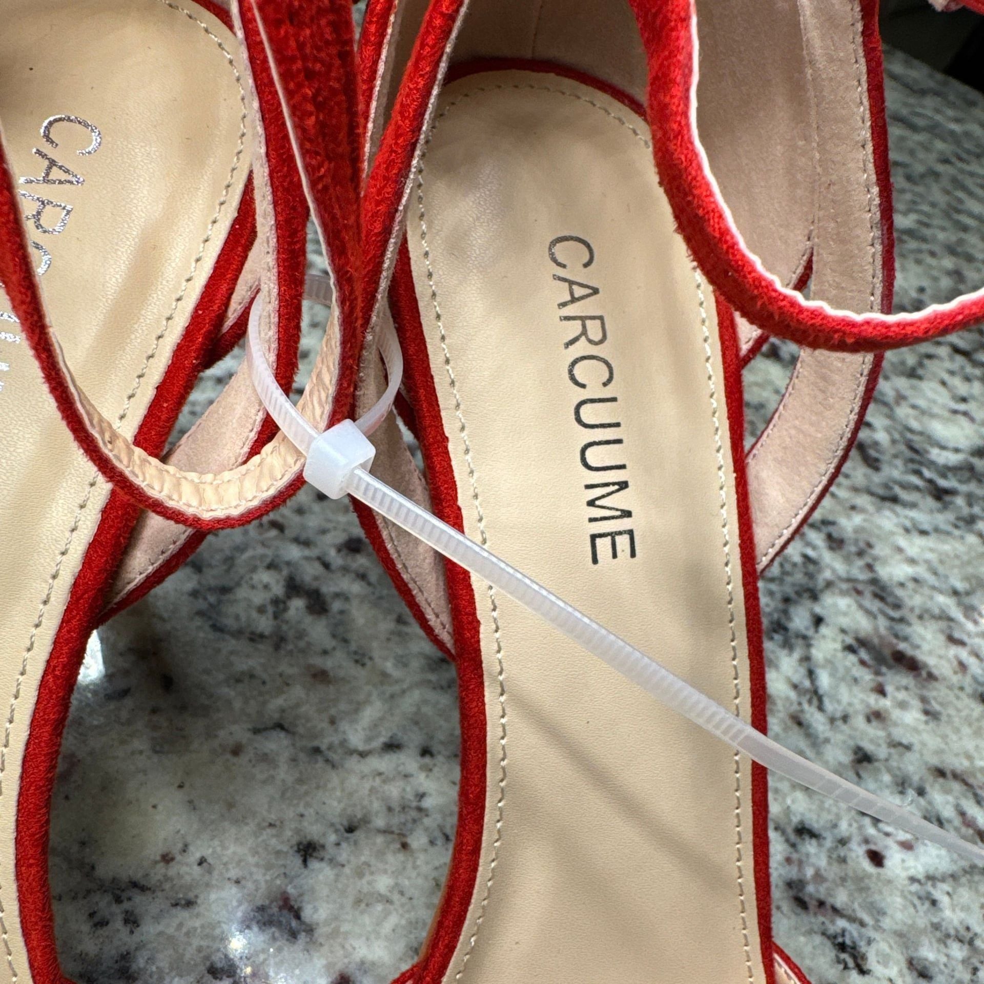 Carcuume Red Suede Pointed Toe Ankle Strap Heels with Bow Back 3