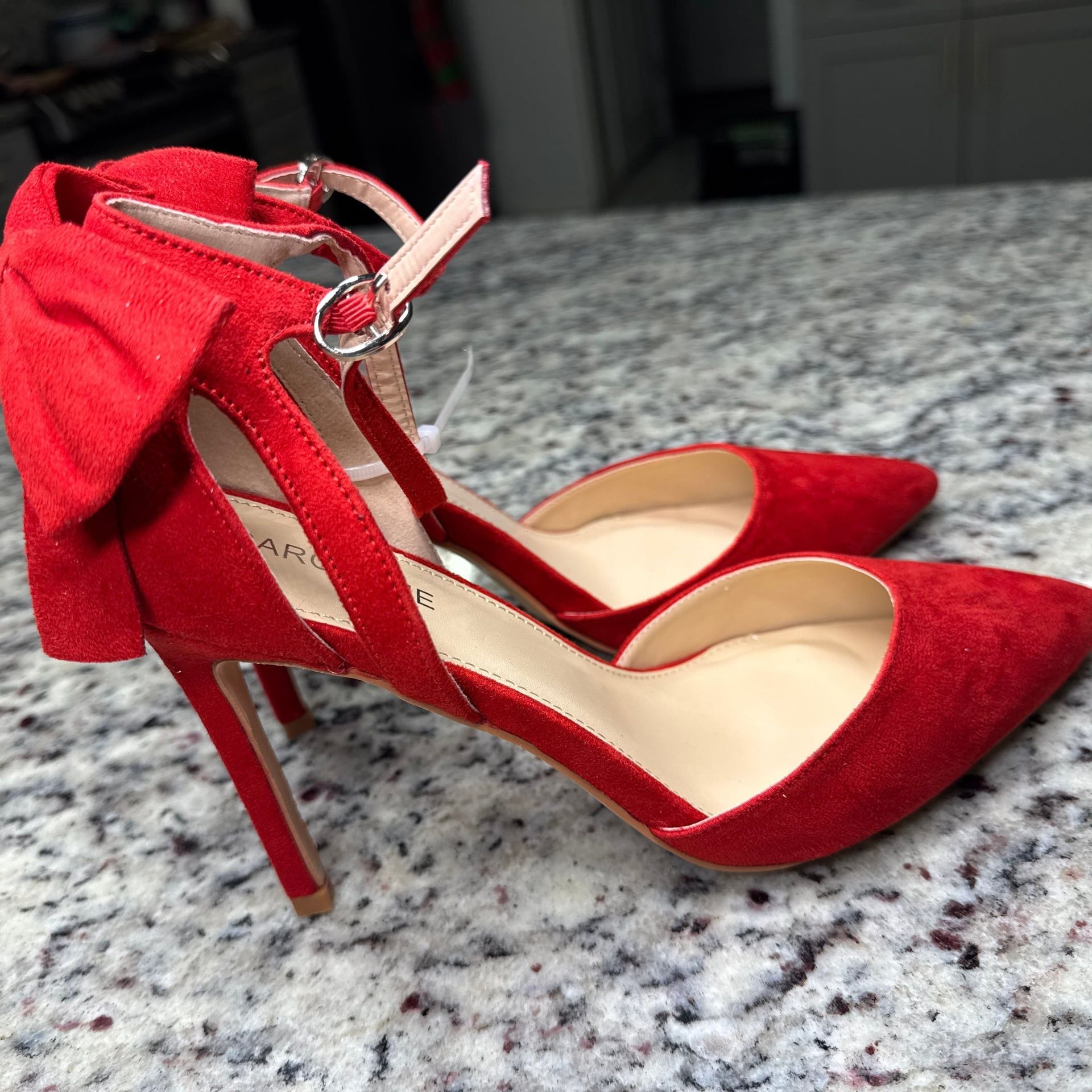 Carcuume Red Suede Pointed Toe Ankle Strap Heels with Bow Back 4