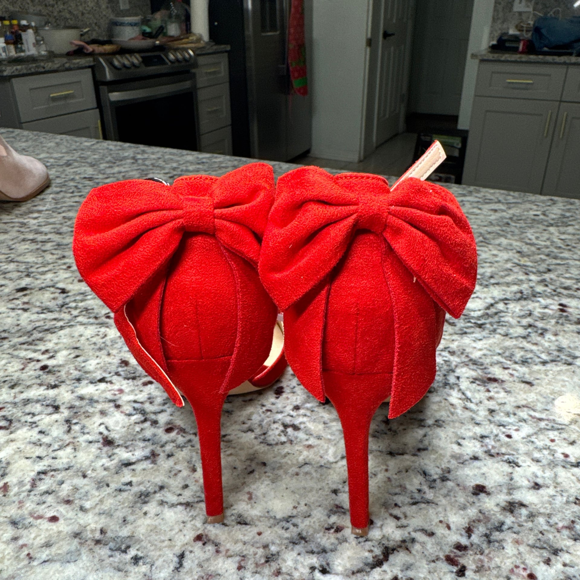 Carcuume Red Suede Pointed Toe Ankle Strap Heels with Bow Back 5