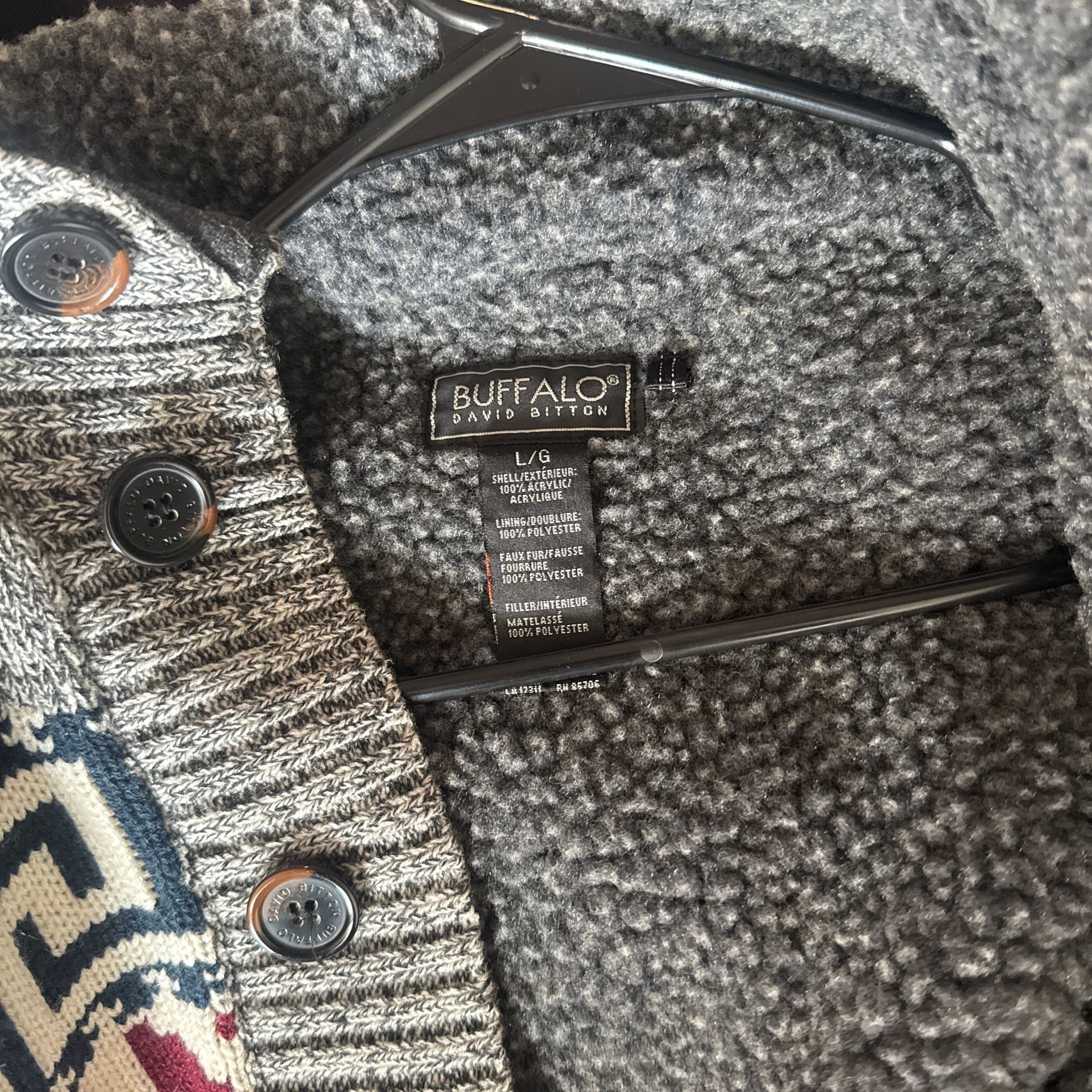 Buffalo David Bitton Sherpa Lined Cardigan Sweater, Men's Large - Grey Fair Isle 2