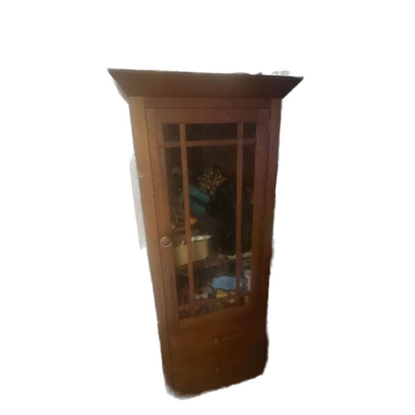 Vintage Mission Style Walnut Corner Curio Cabinet with Glass Door