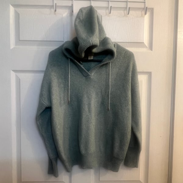 Joie Women's Light Green Knit V-Neck Hooded Sweater Size M Cottagecore Cozy