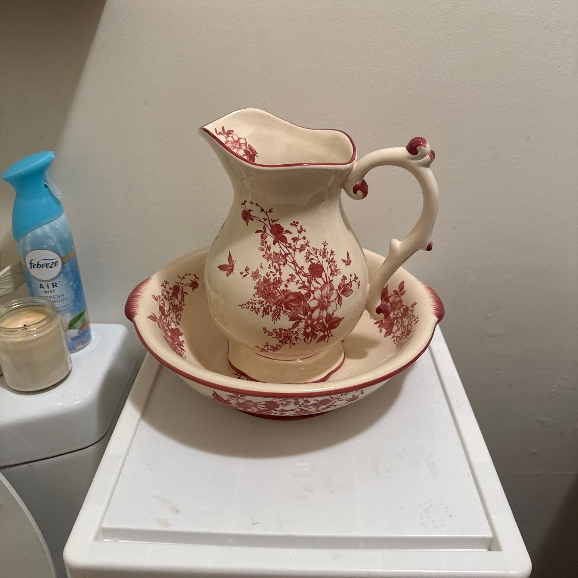 Cracker Barrel Red Floral Porcelain Transferware Pitcher 1