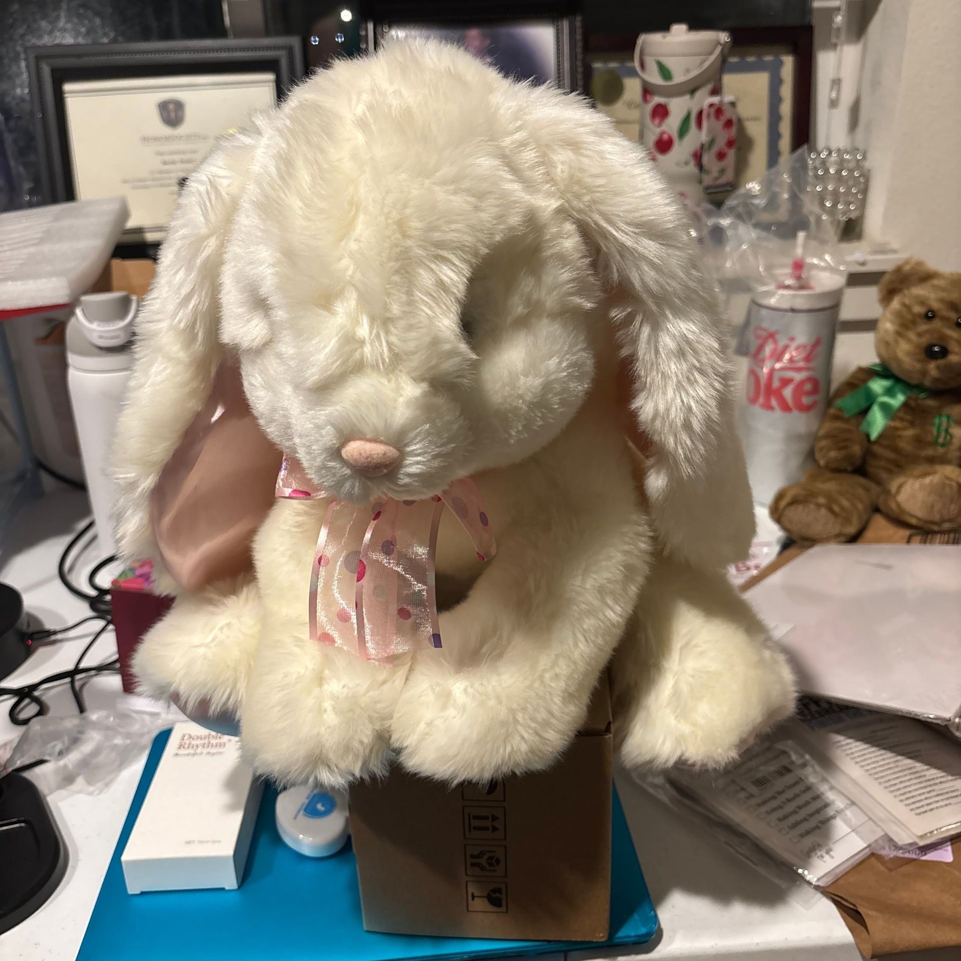 Vintage Russ Berrie Powderpuff White Bunny Rabbit Plush Pink Satin Ears 1