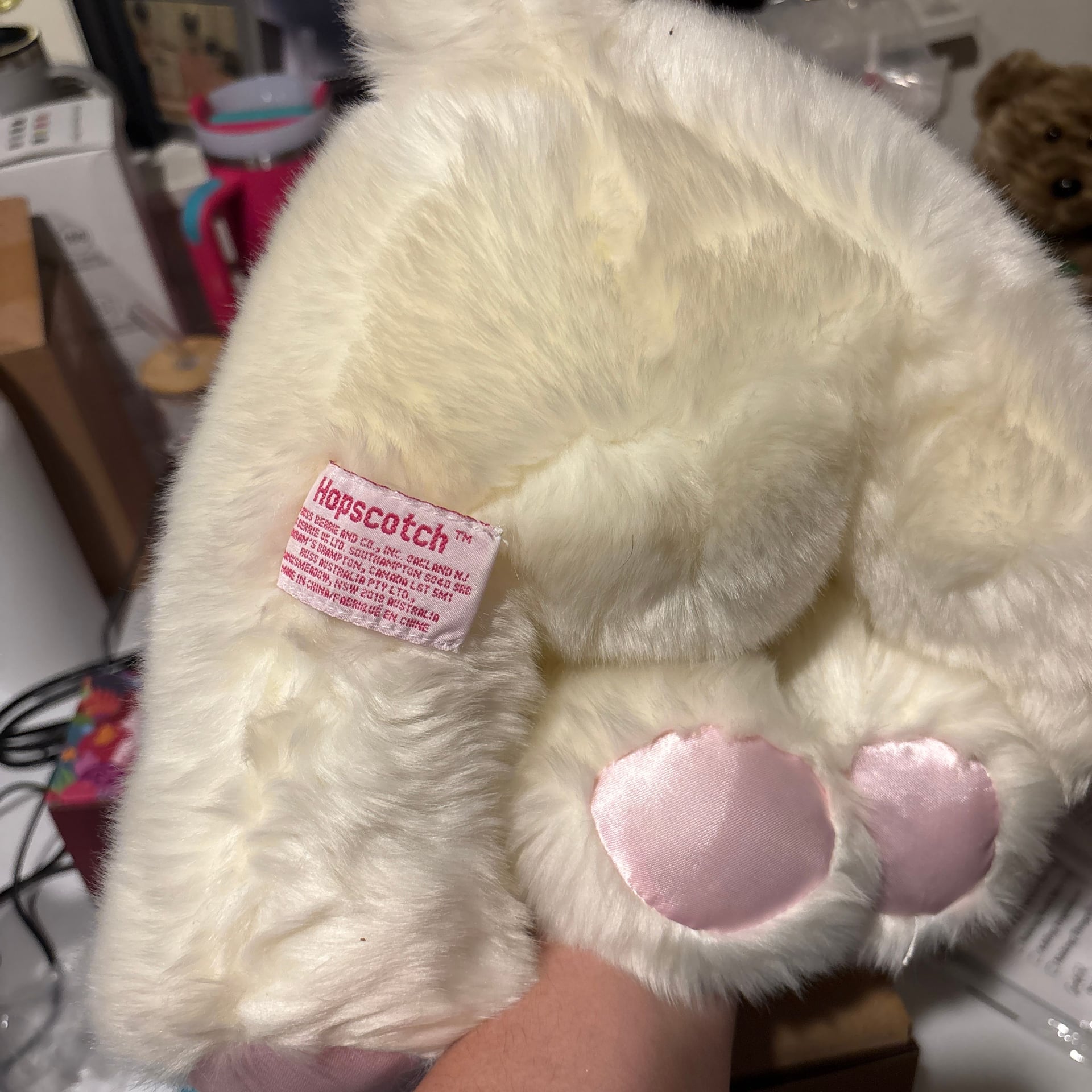 Vintage Russ Berrie Powderpuff White Bunny Rabbit Plush Pink Satin Ears 2