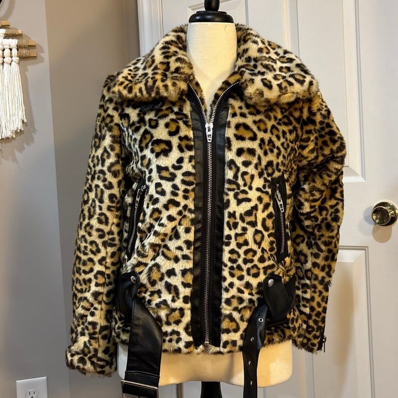Animal Print Faux Fur Moto Leopard Jacket Belted XS Y2K Style Coat 2
