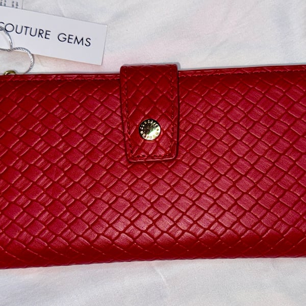 Women's Double Zip Wallet Red Weave Faux Leather Clutch 16 Card Holder Slim