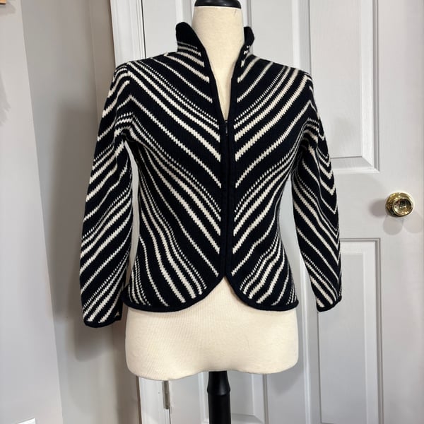 TALBOTS Black White Striped Sweater Sz S Wool Cardigan Long Sleeve Retro