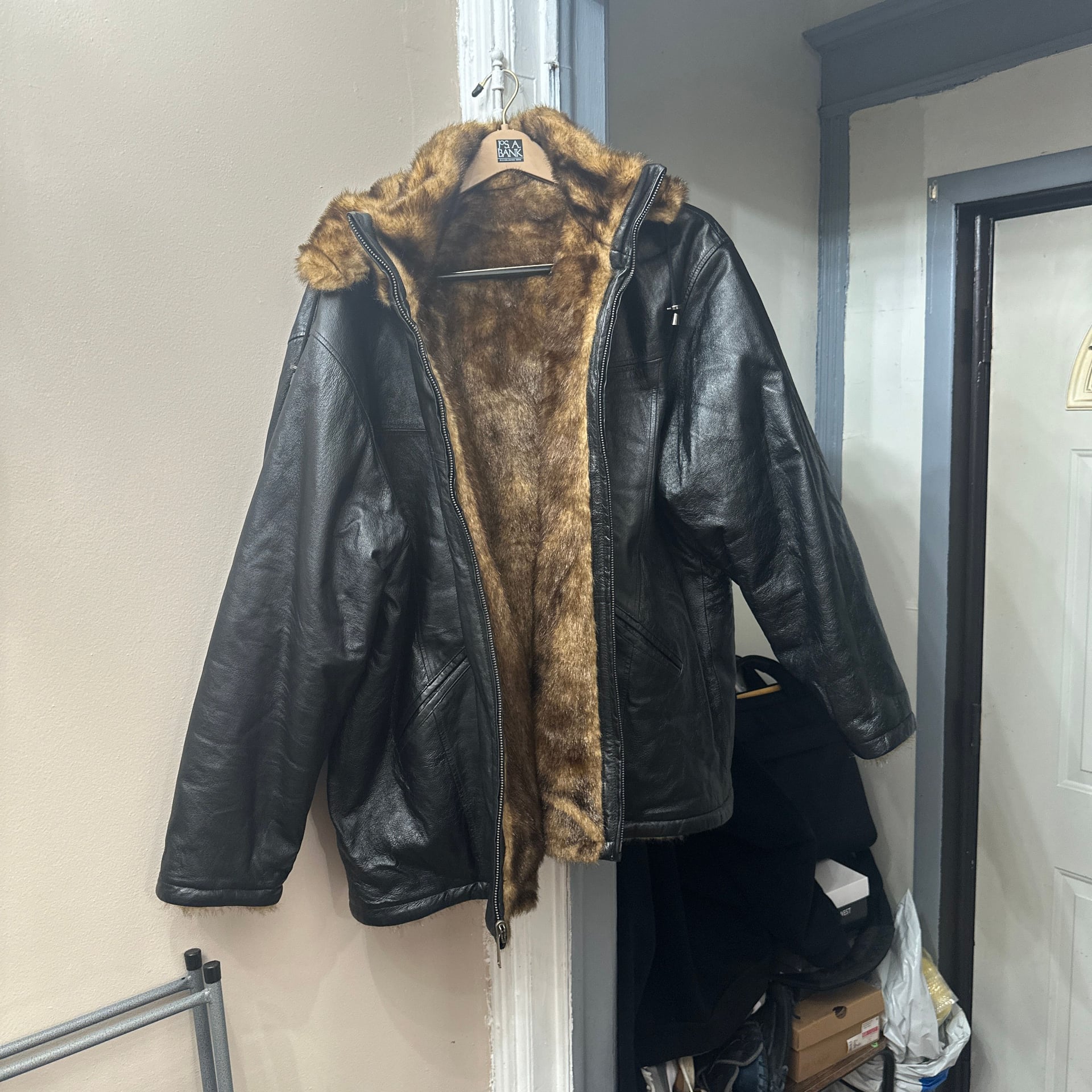 Vintage Black Genuine Lambskin Leather Hooded Jacket with Faux Fur Lining RN 20849 1