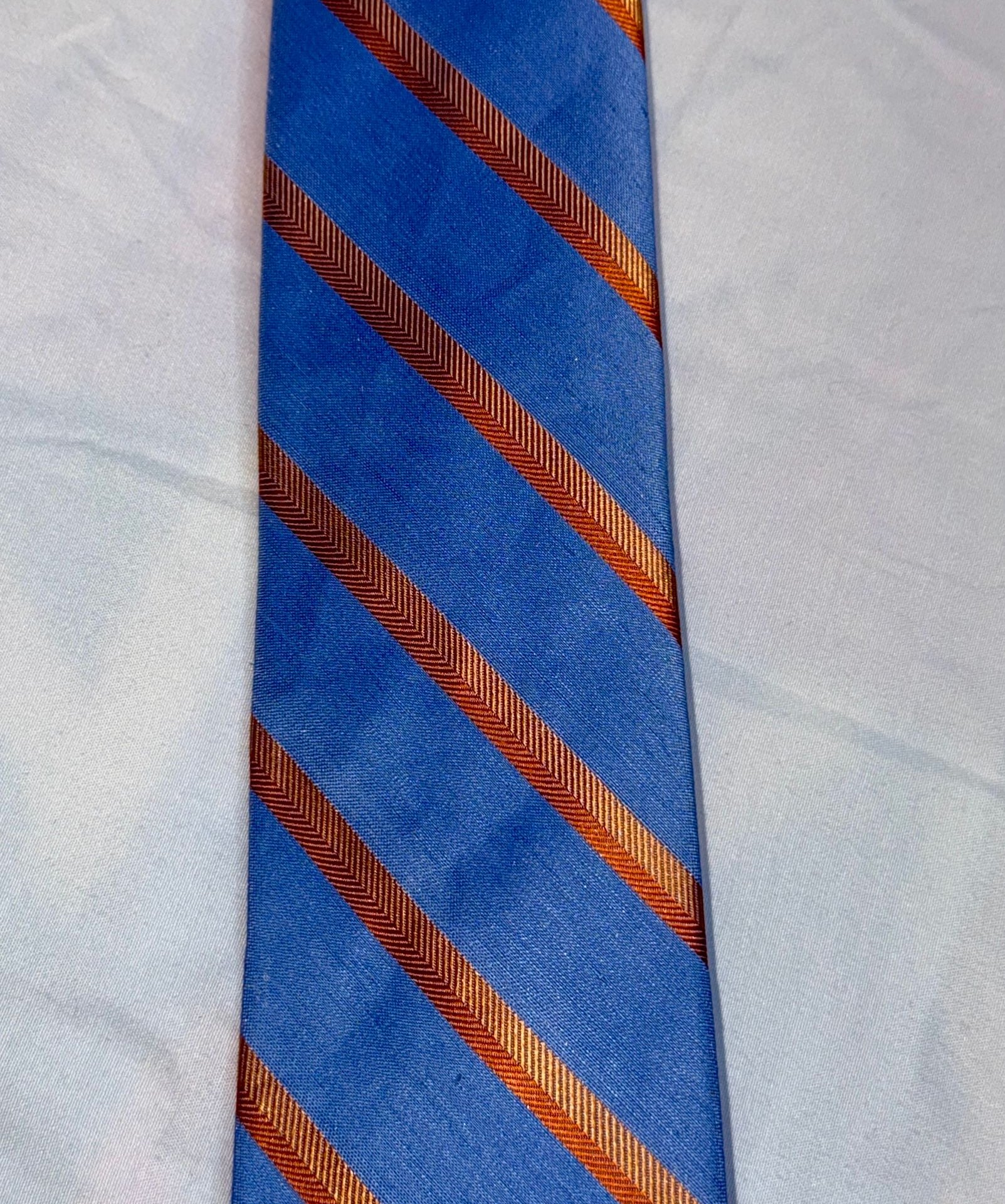 Egara Men's Blue & Orange Striped Silk/lindn Tie 1