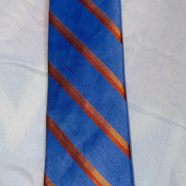 Egara Men's Blue & Orange Striped Silk/lindn Tie
