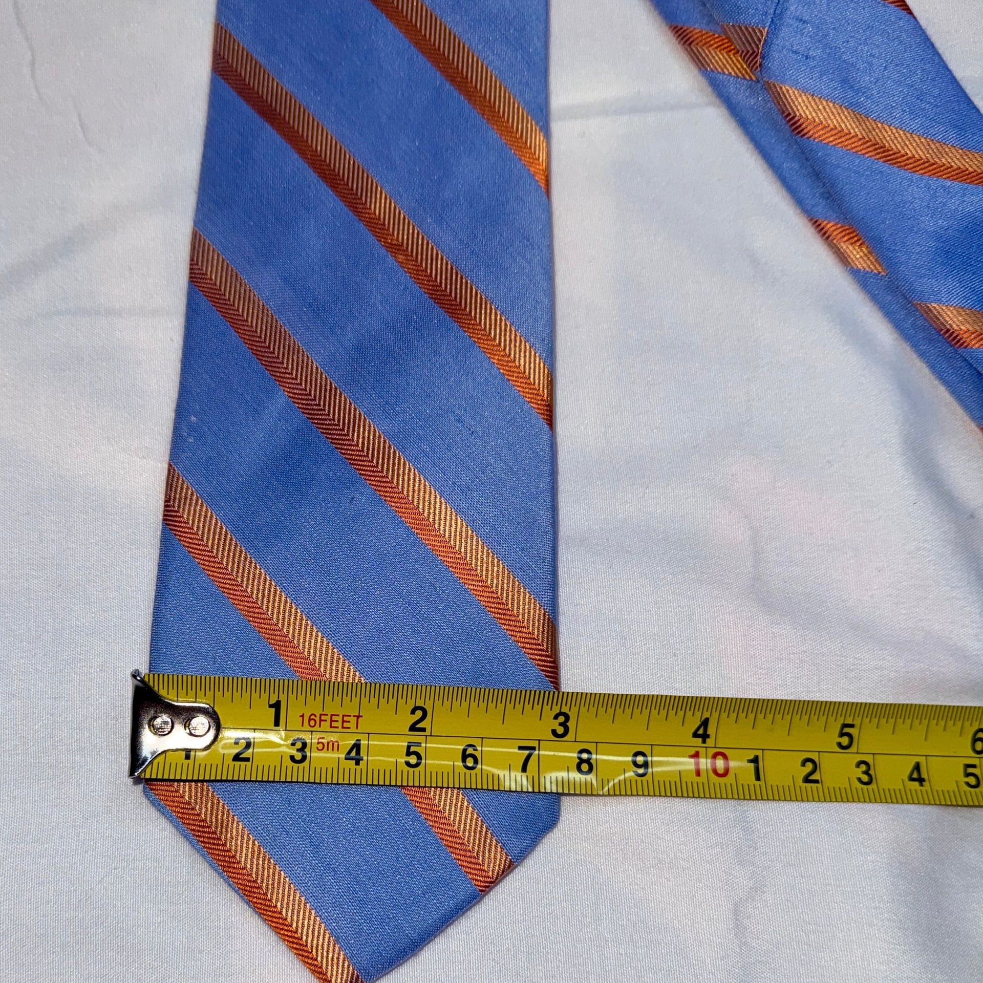 Egara Men's Blue & Orange Striped Silk/lindn Tie 5