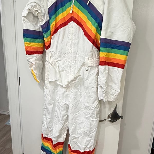 Tipsy Elves Men's Sunrise Shredder Ski Snow Suit Rainbow Retro White Unisex 