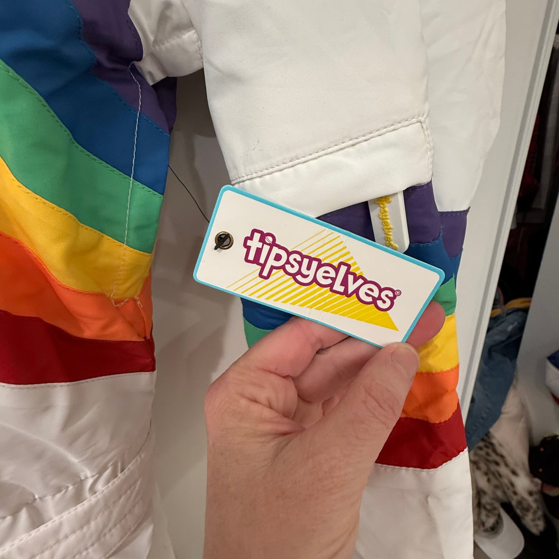 Tipsy Elves Men's Sunrise Shredder Ski Snow Suit Rainbow Retro White Unisex  8