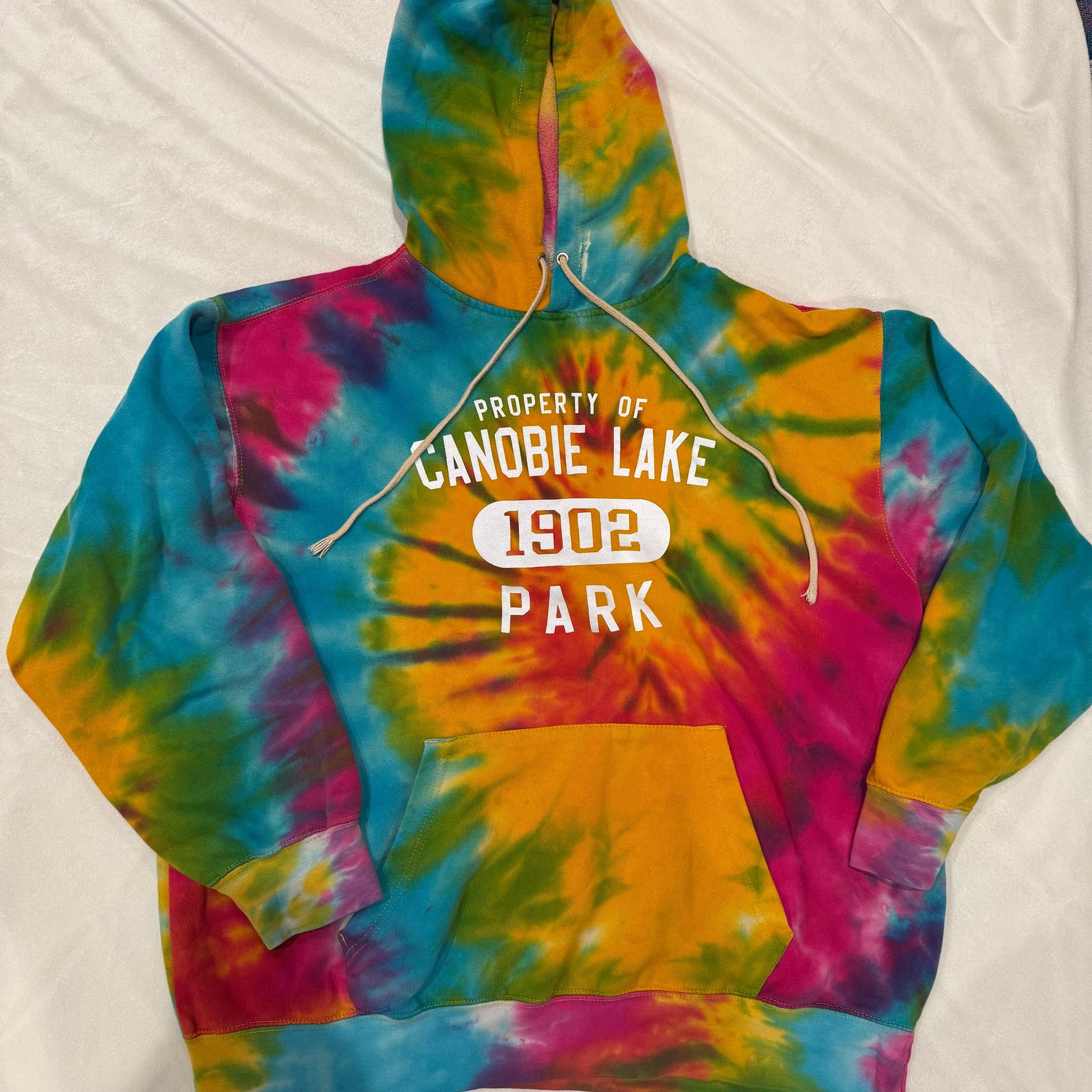 Property of CANOBIE LAKE - SALEM NH Roller Coasters MD Tie-Dye Hooded Sweatshirt 1