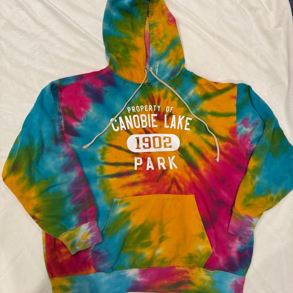 Property of CANOBIE LAKE - SALEM NH Roller Coasters MD Tie-Dye Hooded Sweatshirt