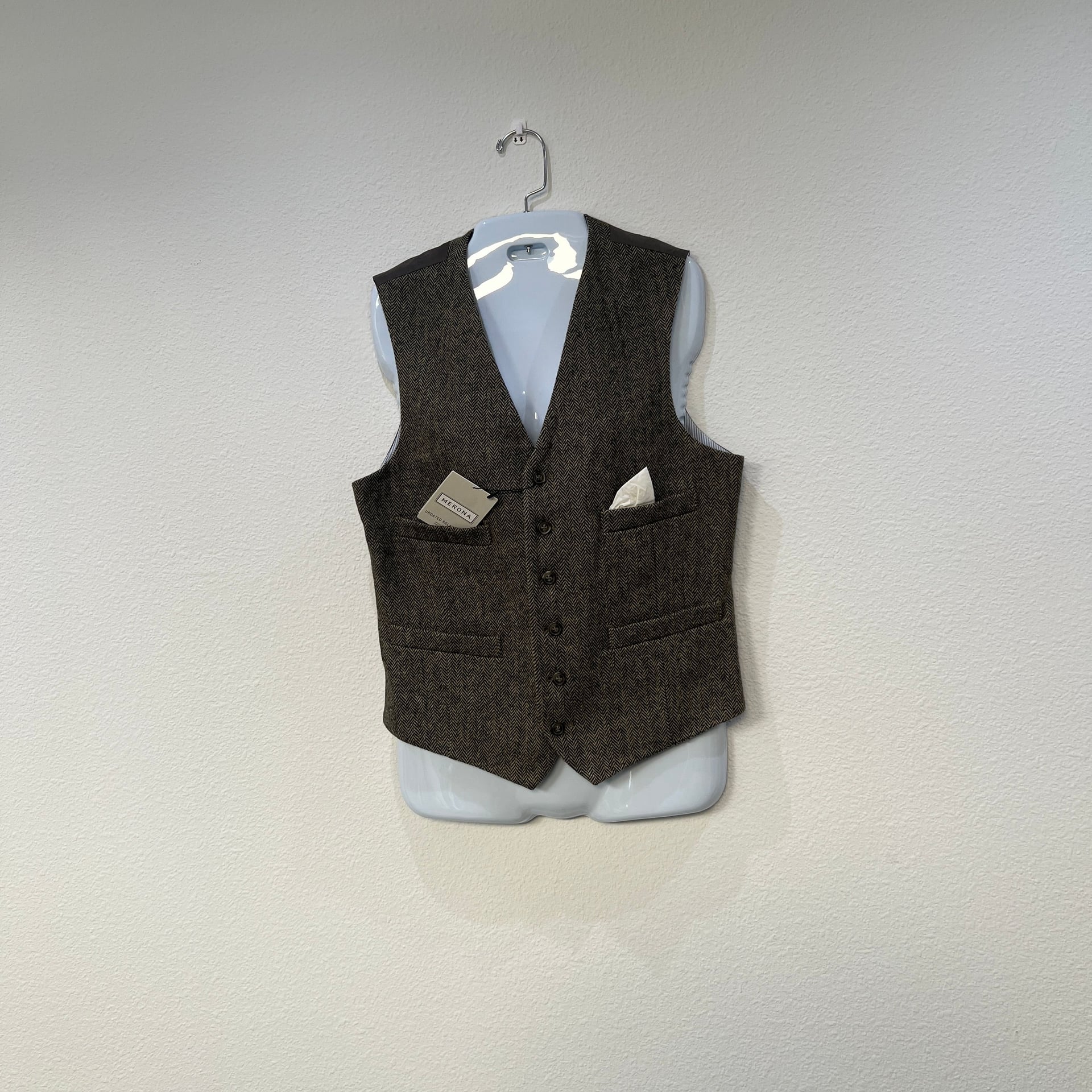 Merona Men's Brown Herringbone Tweed Wool Blend Waistcoat Vest 1