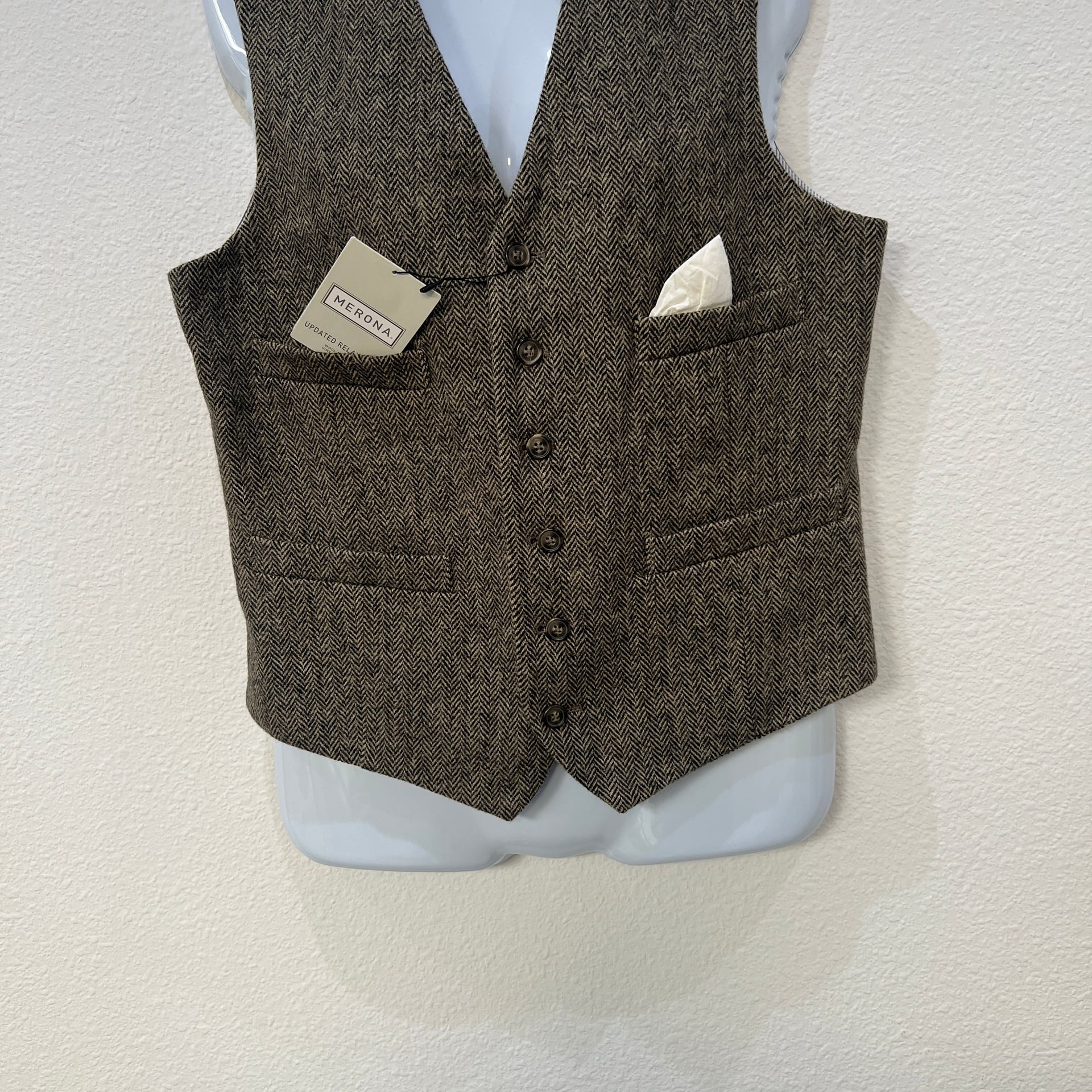 Merona Men's Brown Herringbone Tweed Wool Blend Waistcoat Vest 2