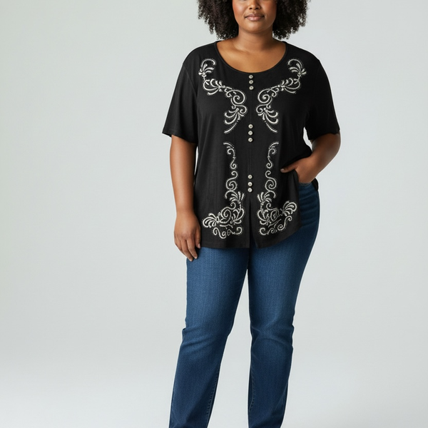 Picadilly Fashions Vintage Short Sleeve Embroidered Tunic Top Size Large 