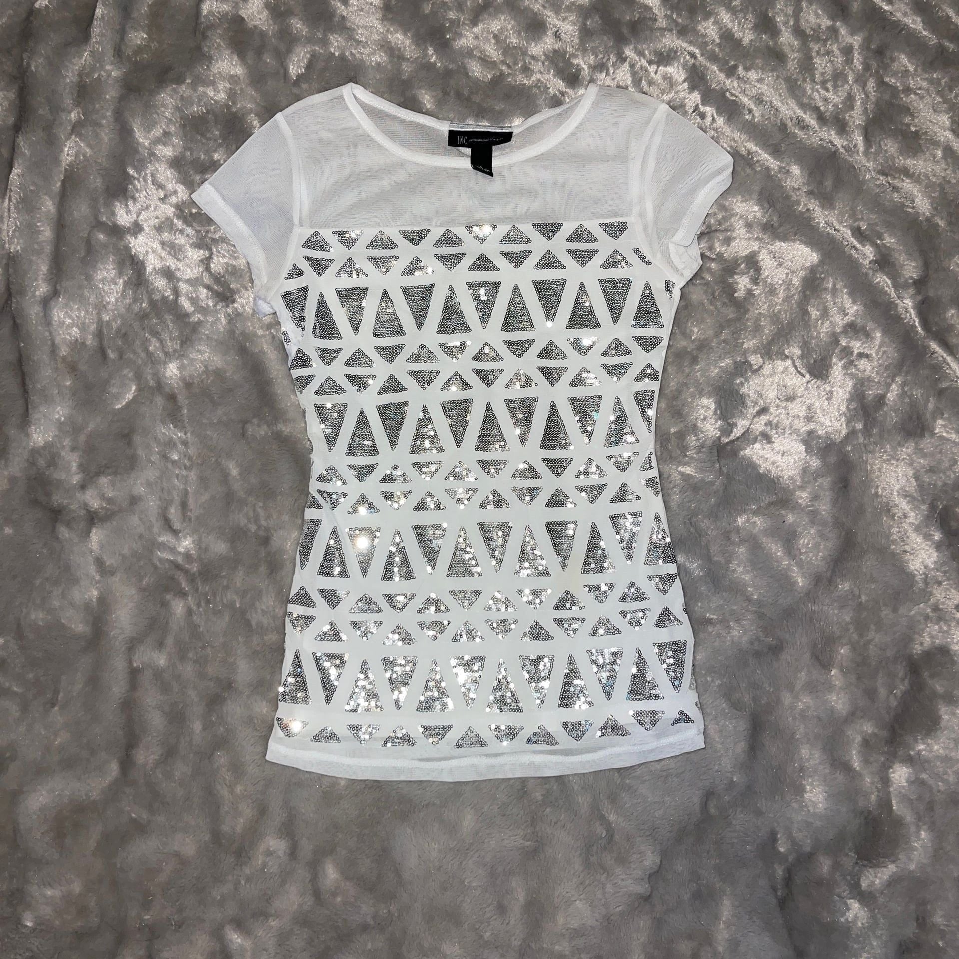 INC International Concepts White Geometric Sequin Short Sleeve T-Shirt Size S 2