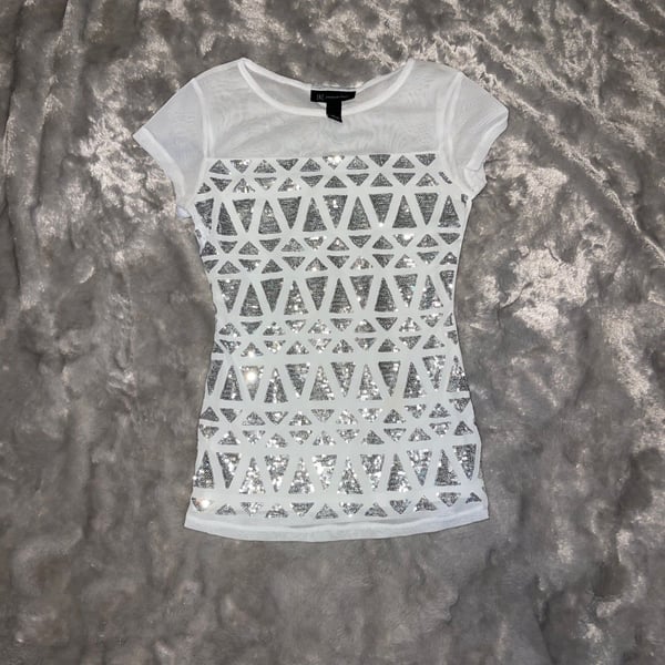 INC International Concepts White Geometric Sequin Short Sleeve T-Shirt Size S