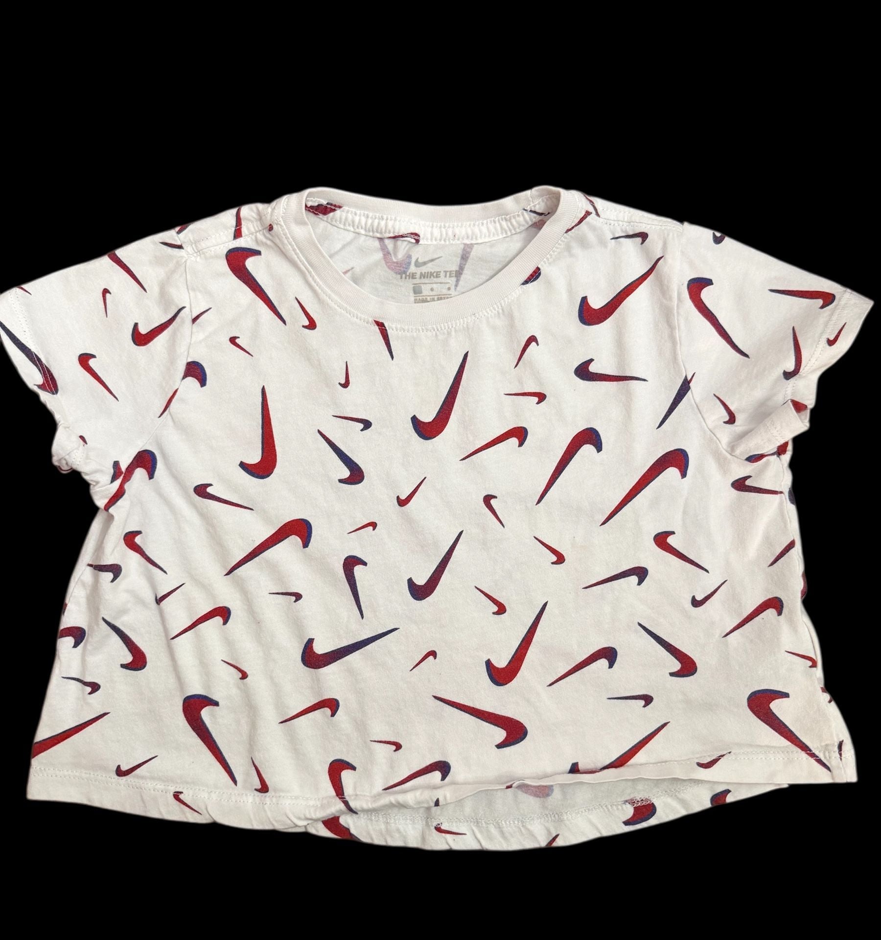 Nike Girls Allover Print Red and Blue Swoosh Cropped T-Shirt 2
