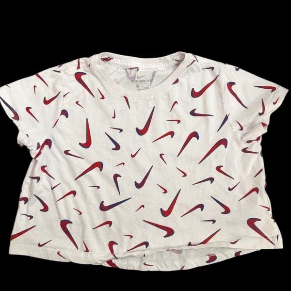 Nike Girls Allover Print Red and Blue Swoosh Cropped T-Shirt