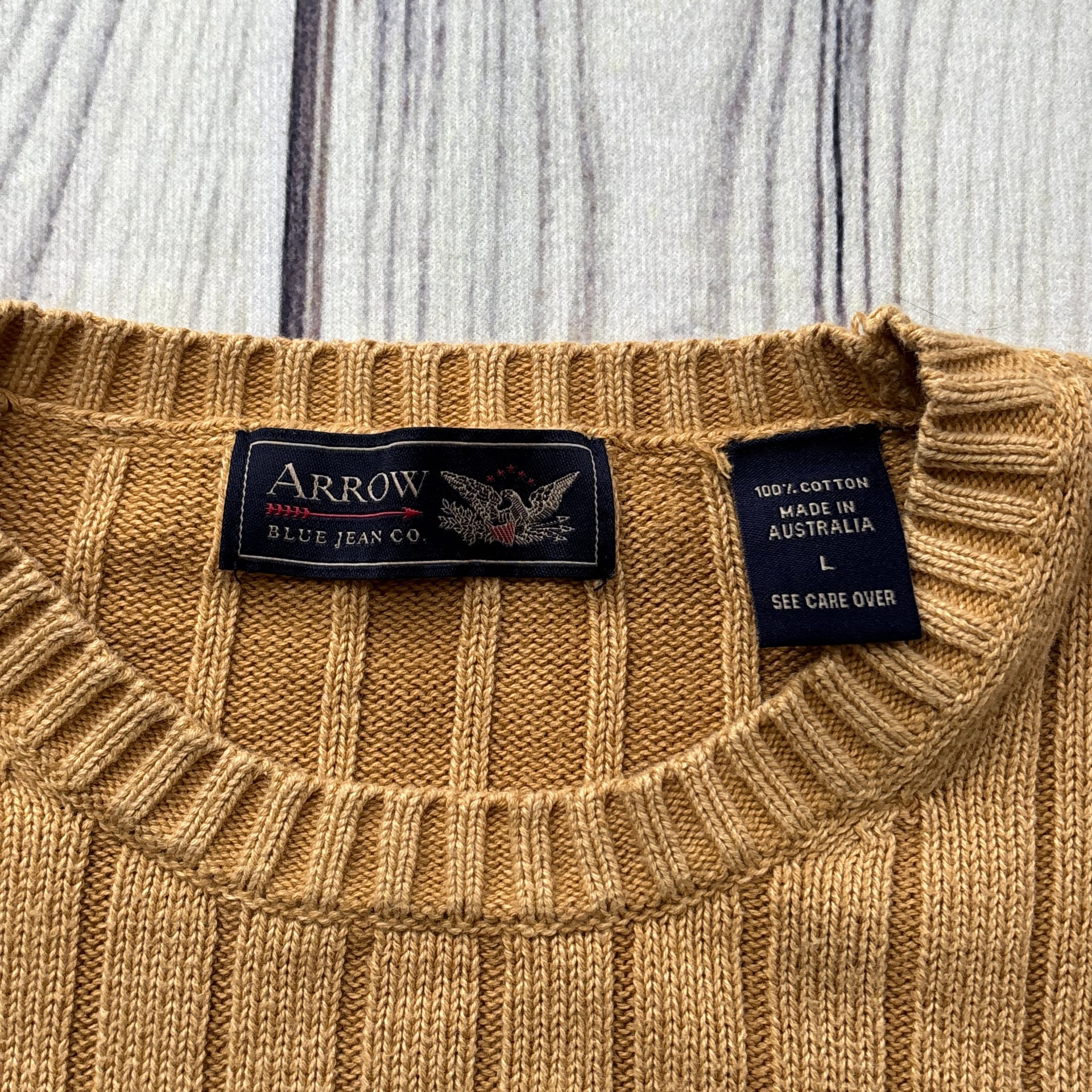 Arrow Blue Jean Co Gold Ribbed Knit Cotton Crewneck Sweater Sz L Preppy 2