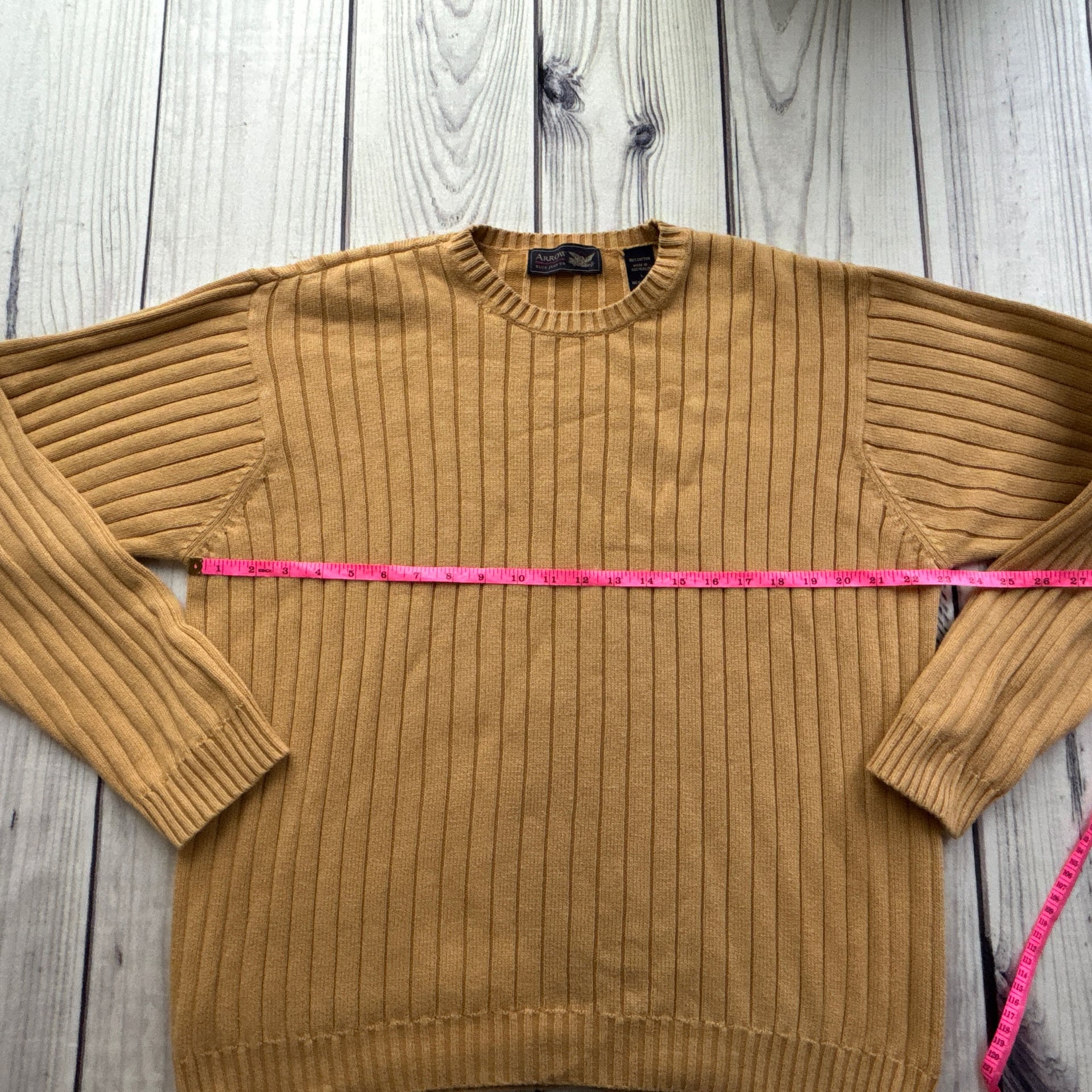 Arrow Blue Jean Co Gold Ribbed Knit Cotton Crewneck Sweater Sz L Preppy 3