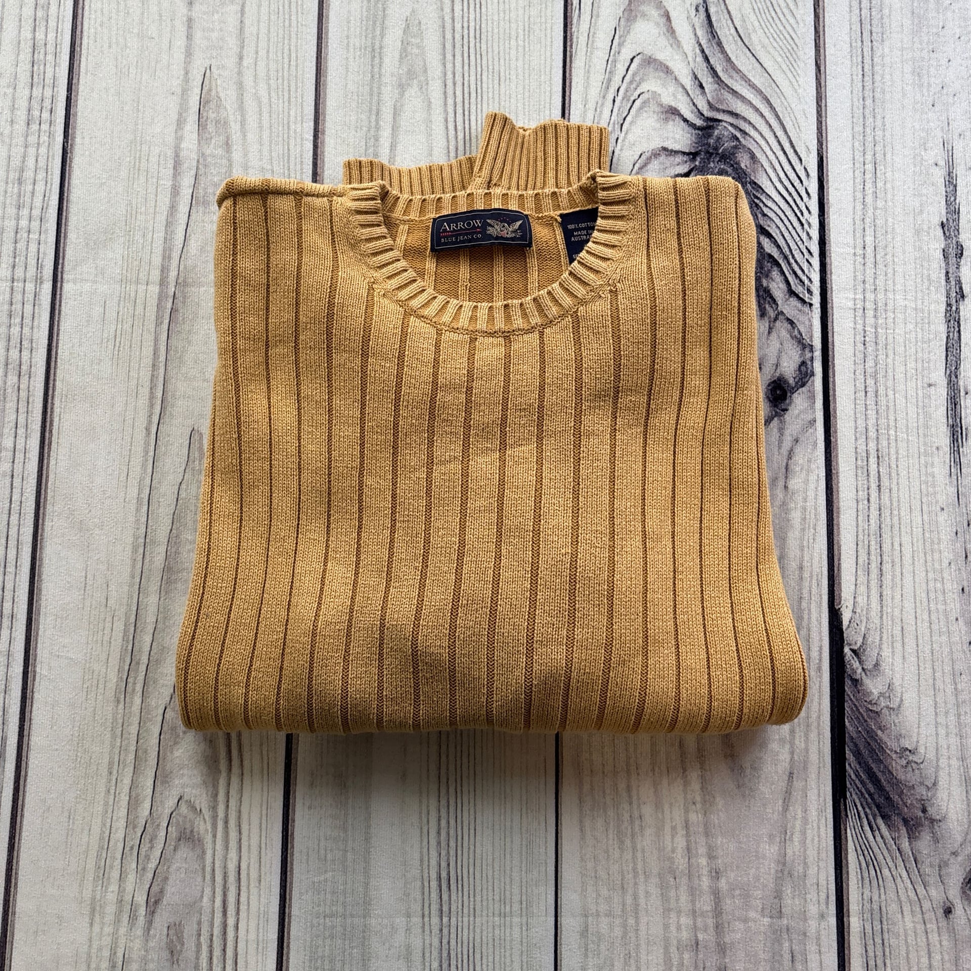 Arrow Blue Jean Co Gold Ribbed Knit Cotton Crewneck Sweater Sz L Preppy 8