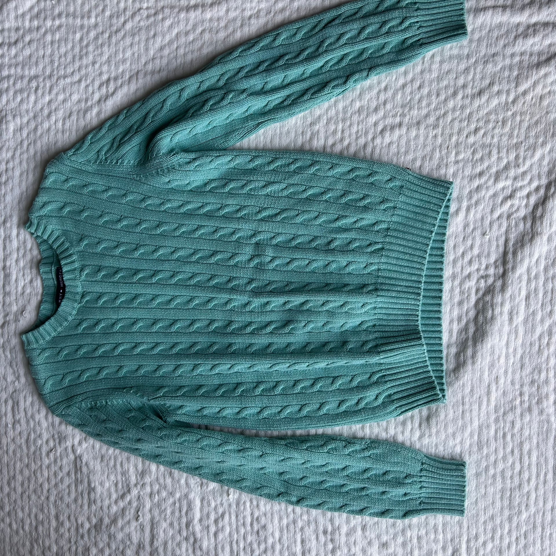 Tommy Hilfiger Women's Teal 100% Cotton Cable-Knit Crewneck Sweater 1