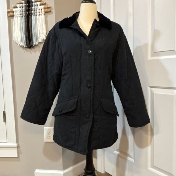VTG London Fog Women's Black Quilted Barn Jacket Velvet Collar SZ 1X Vintage
