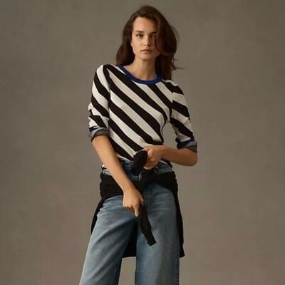 Maeve Anthropologie Diagonal Stripe Knit Sweater Black White Blue XS Indie 7