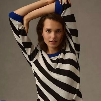 Maeve Anthropologie Diagonal Stripe Knit Sweater Black White Blue XS Indie 11