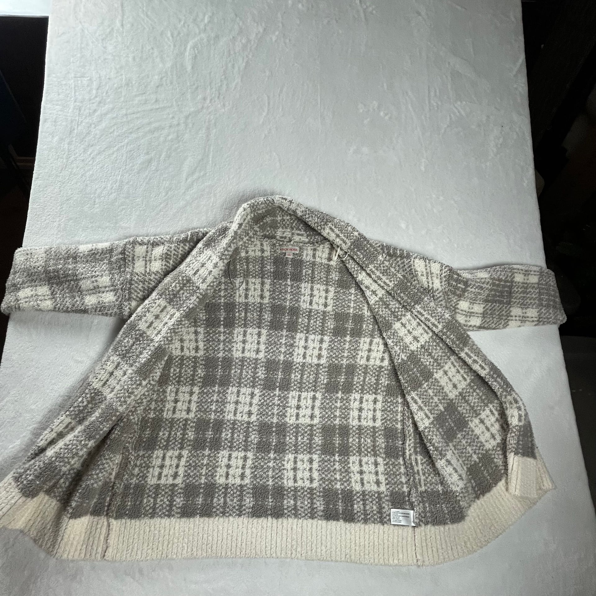 Knox Rose Gray Cream Plaid Cozy Open Front Cardigan Sweater XL 10
