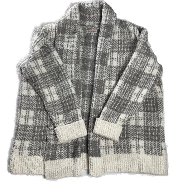 Knox Rose Gray Cream Plaid Cozy Open Front Cardigan Sweater XL