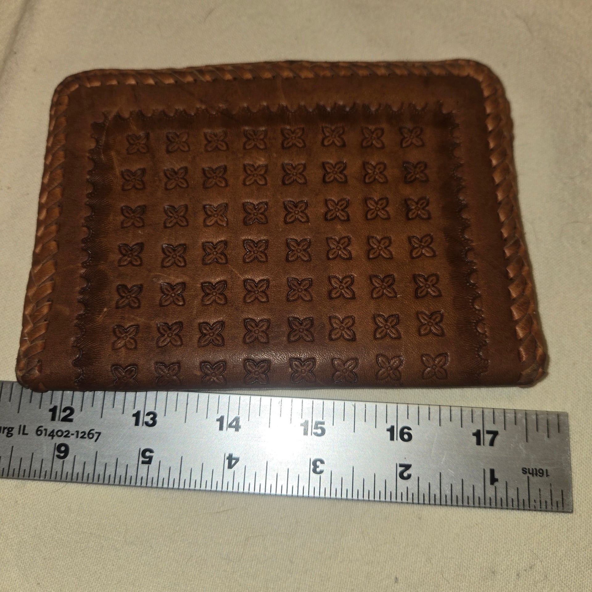 Vintage Hand Tooled Brown Leather Bifold Wallet with Whipstitch Edges 2