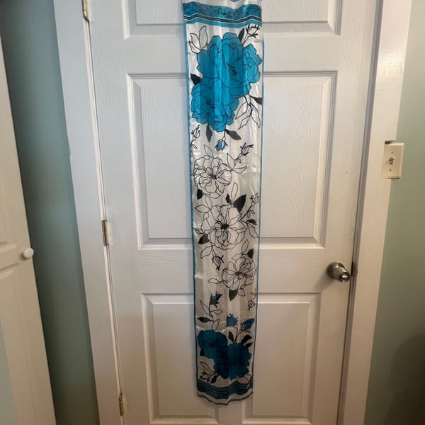 Vintage Anne Klein Blue and White Floral Oblong Silk Scarf