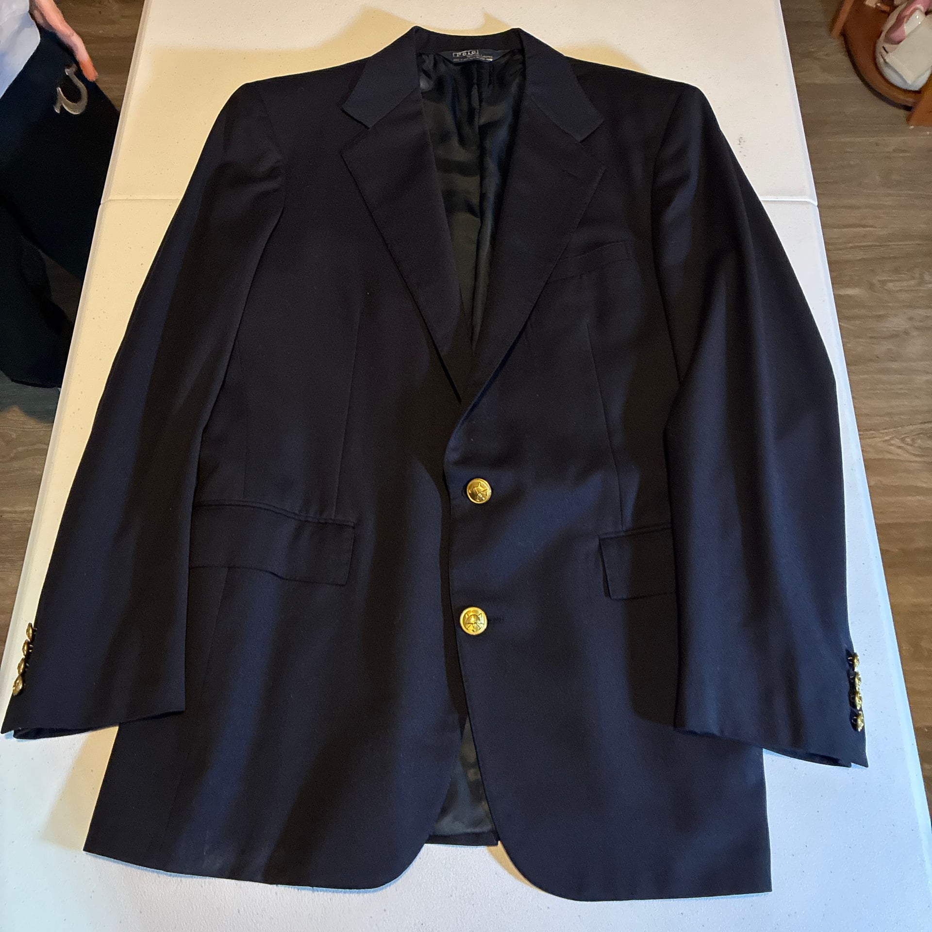 Vintage Polo by Ralph Lauren Navy Blue Wool Blazer Gold Buttons Made in USA 1