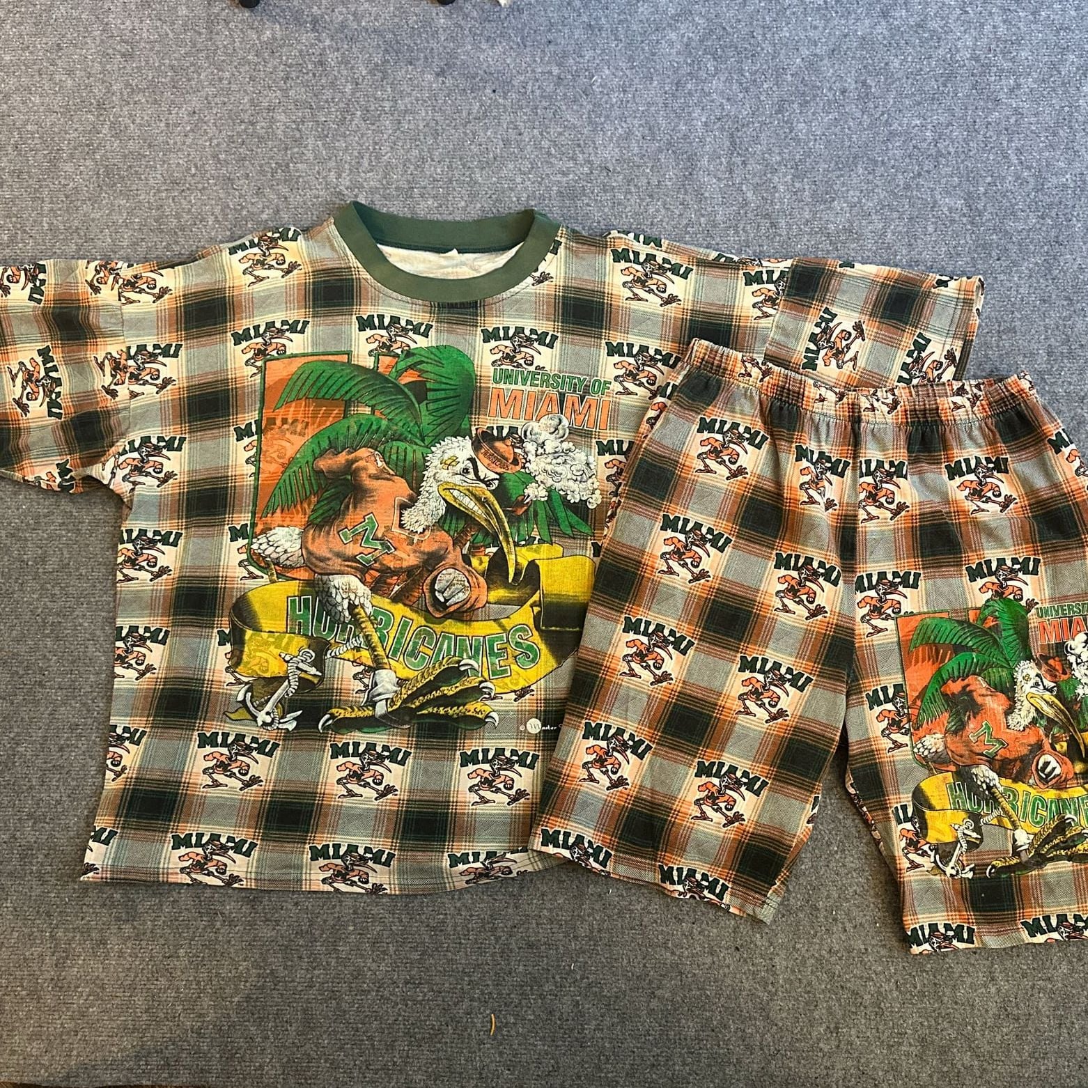 Vintage 90s University of Miami Hurricanes AOP Plaid T-Shirt and Shorts Two-Piece Set 1