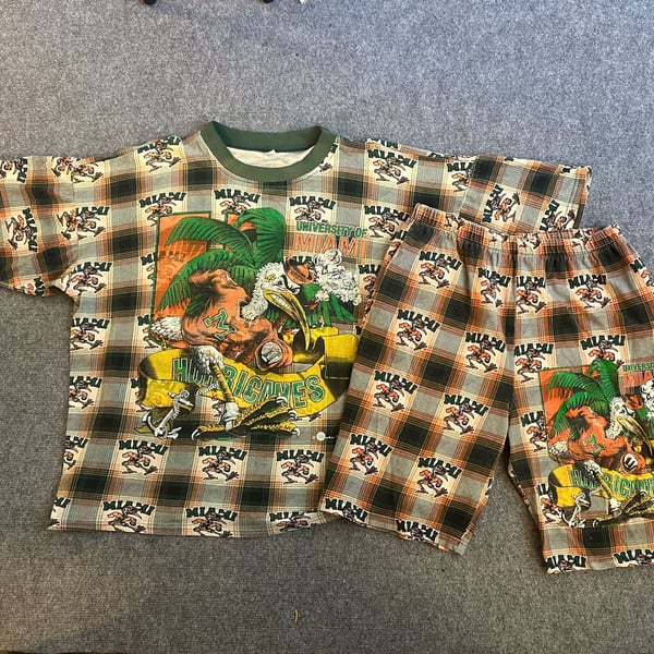 Vintage 90s University of Miami Hurricanes AOP Plaid T-Shirt and Shorts Two-Piece Set