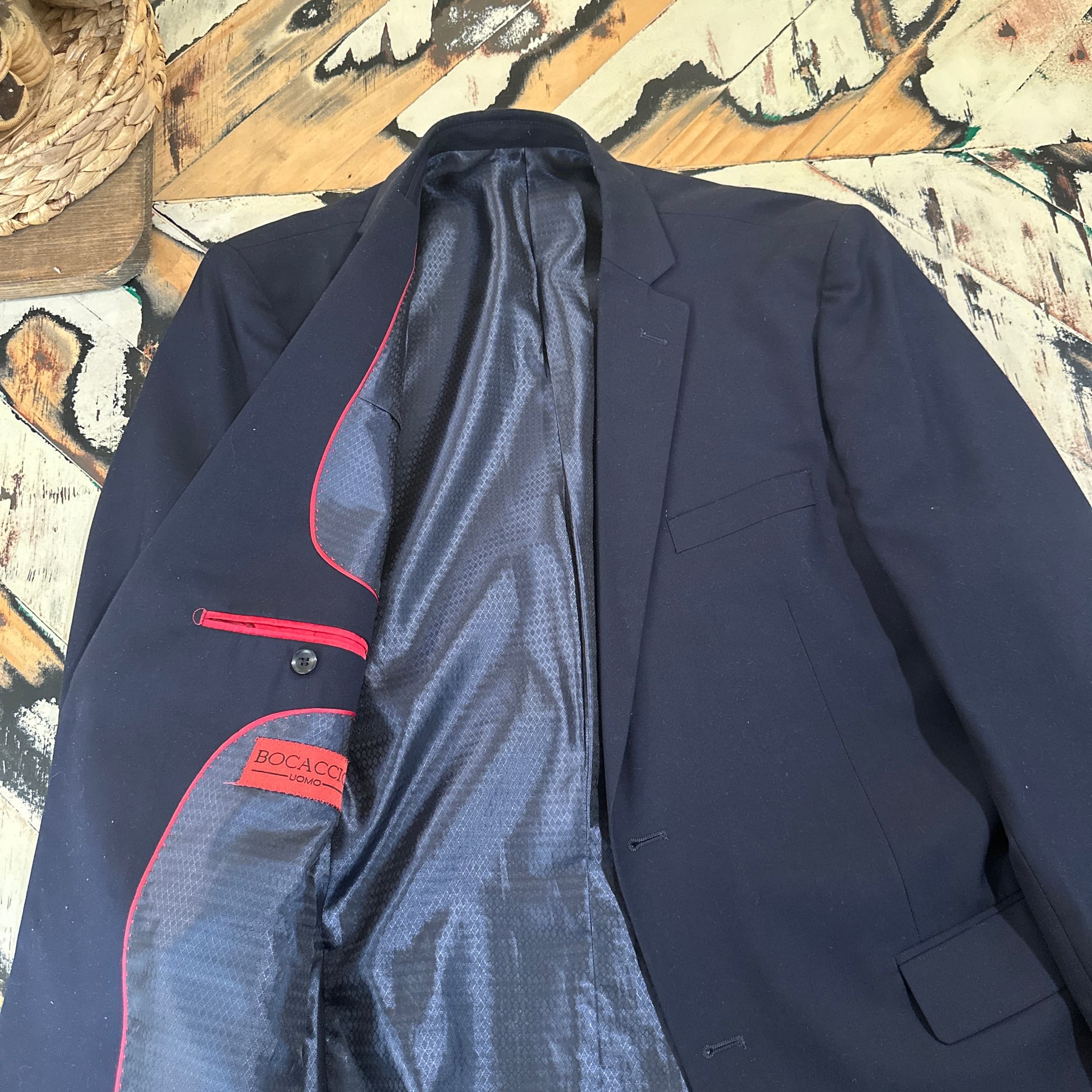 Bocaccio Uomo Slim Fit Navy Blue Suit Jacket Blazer with Red Piping 1