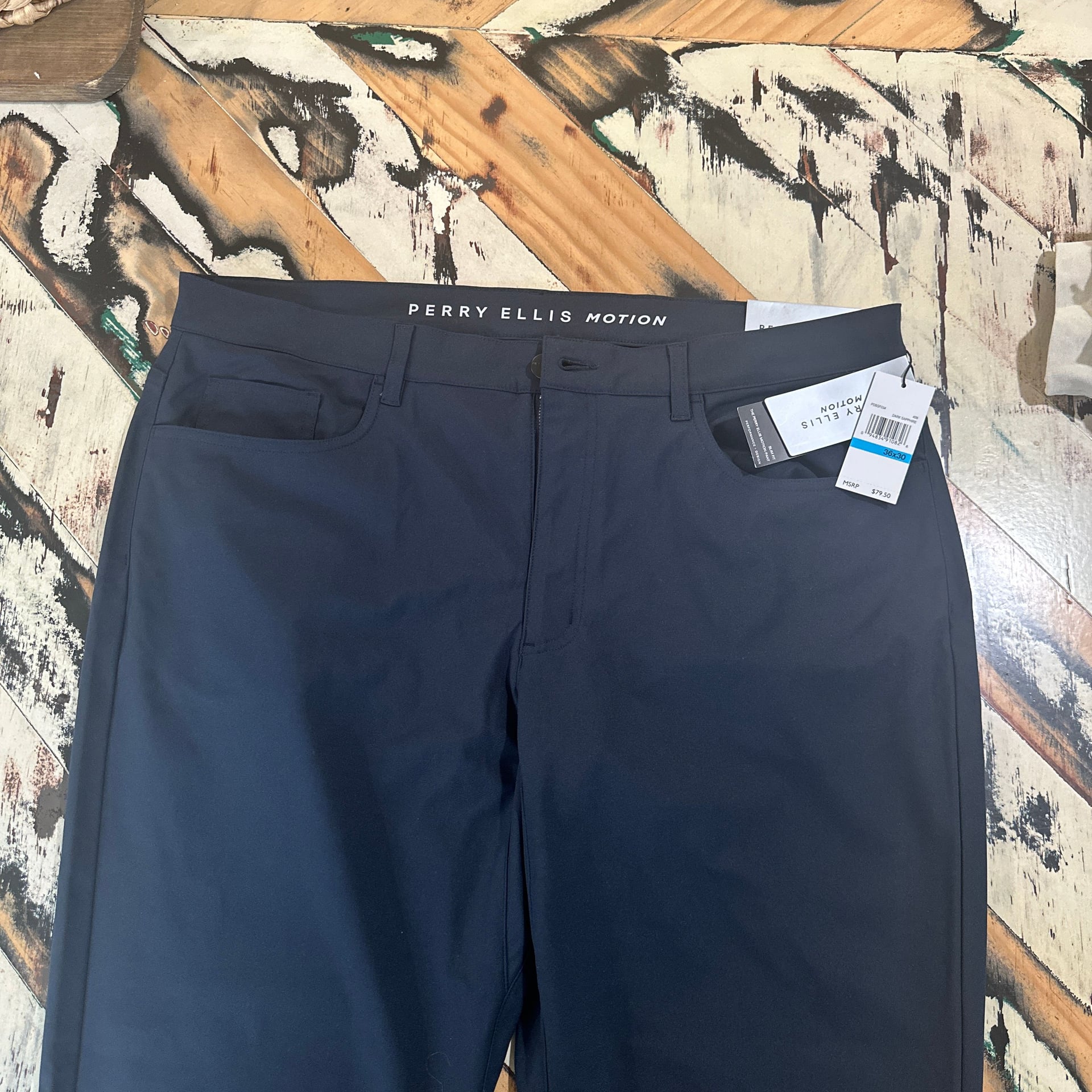 Perry Ellis Motion Men's Performance Slim Fit 5-Pocket Pants Navy Blue 1
