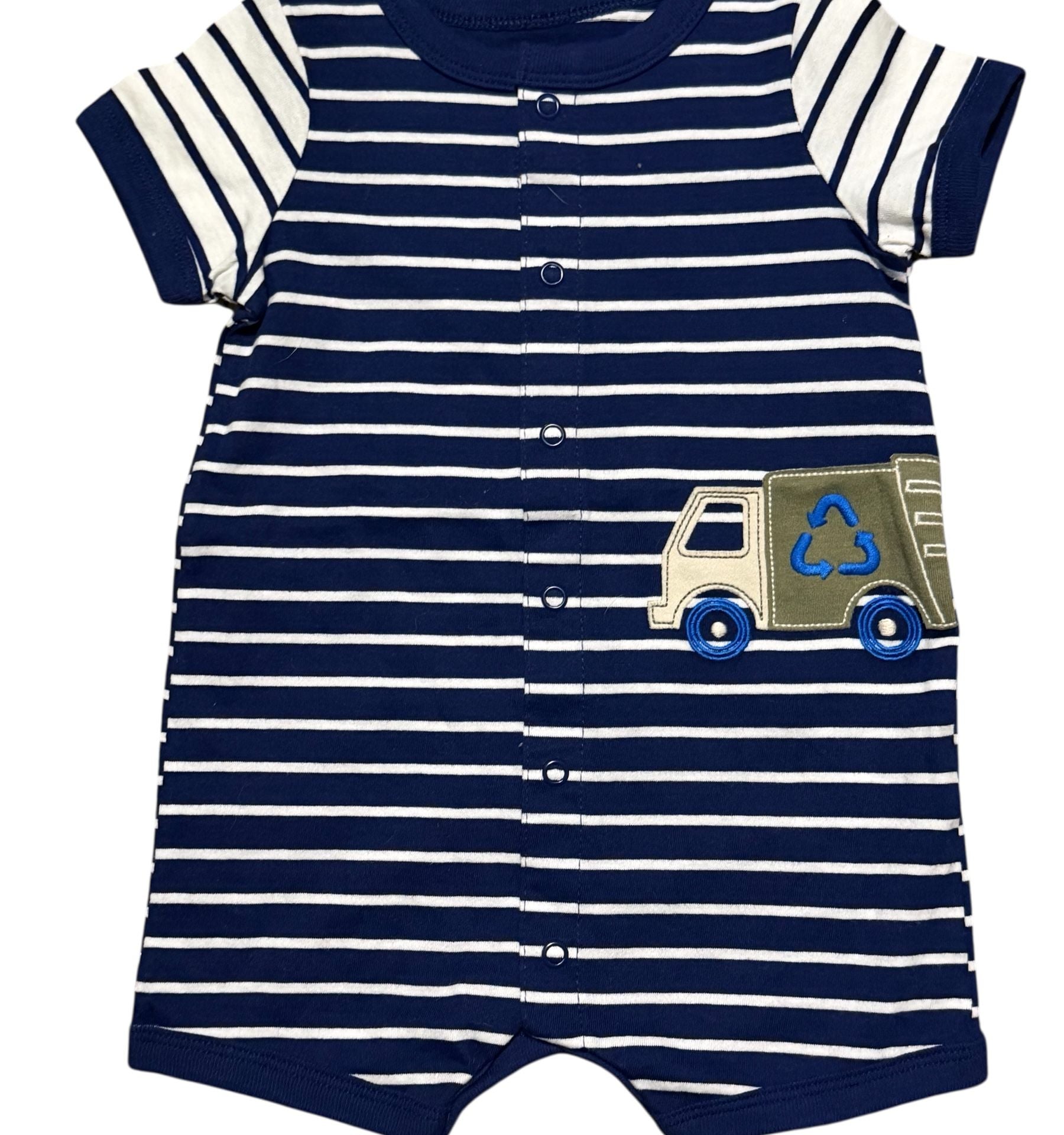 Carter's Baby Boy Blue Striped Recycle Truck Snap-Up Romper 2