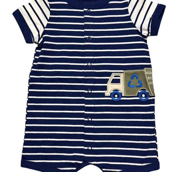 Carter's Baby Boy Blue Striped Recycle Truck Snap-Up Romper