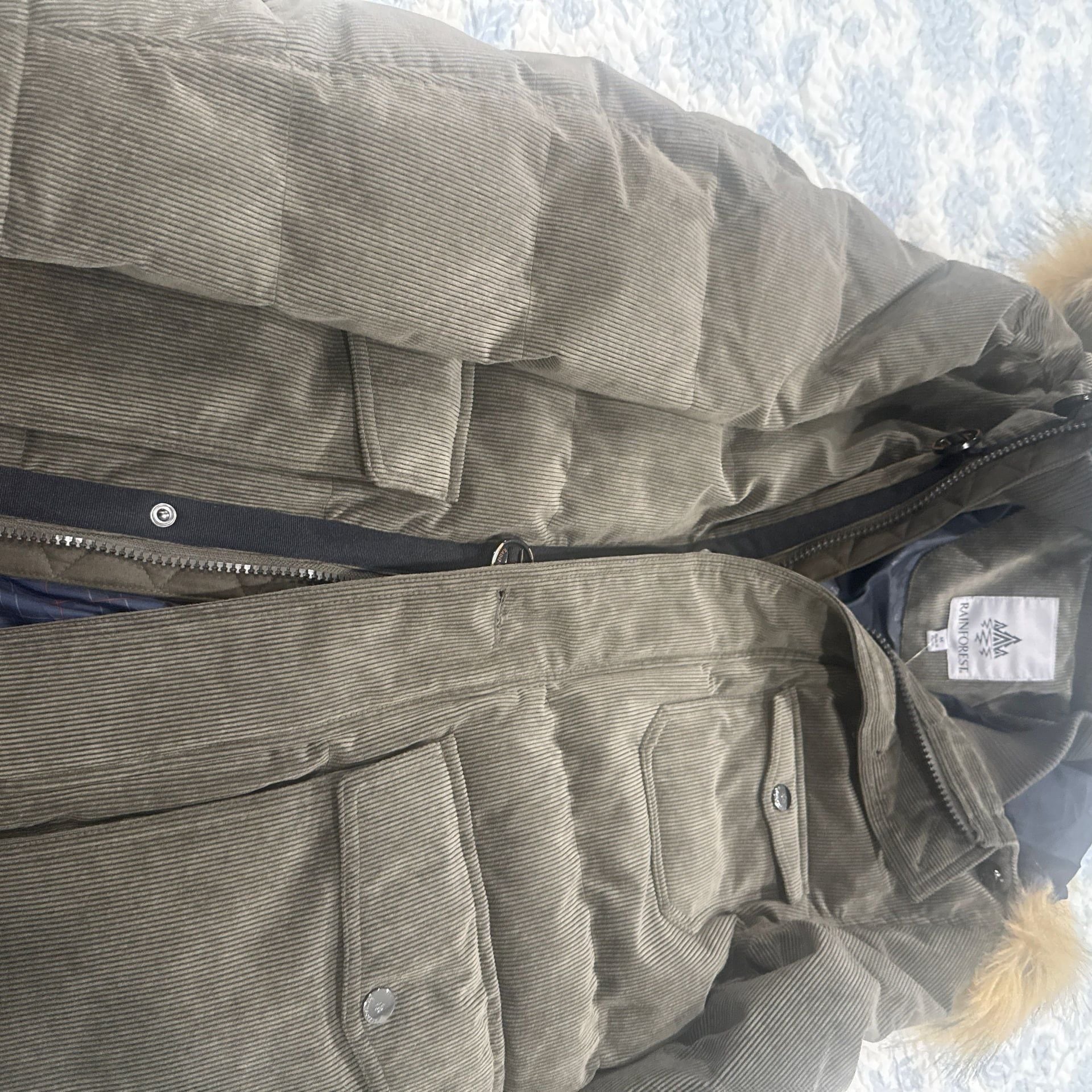 Rainforest Men's Corduroy Hooded Puffer Parka with Faux Fur Trim Olive Green 1