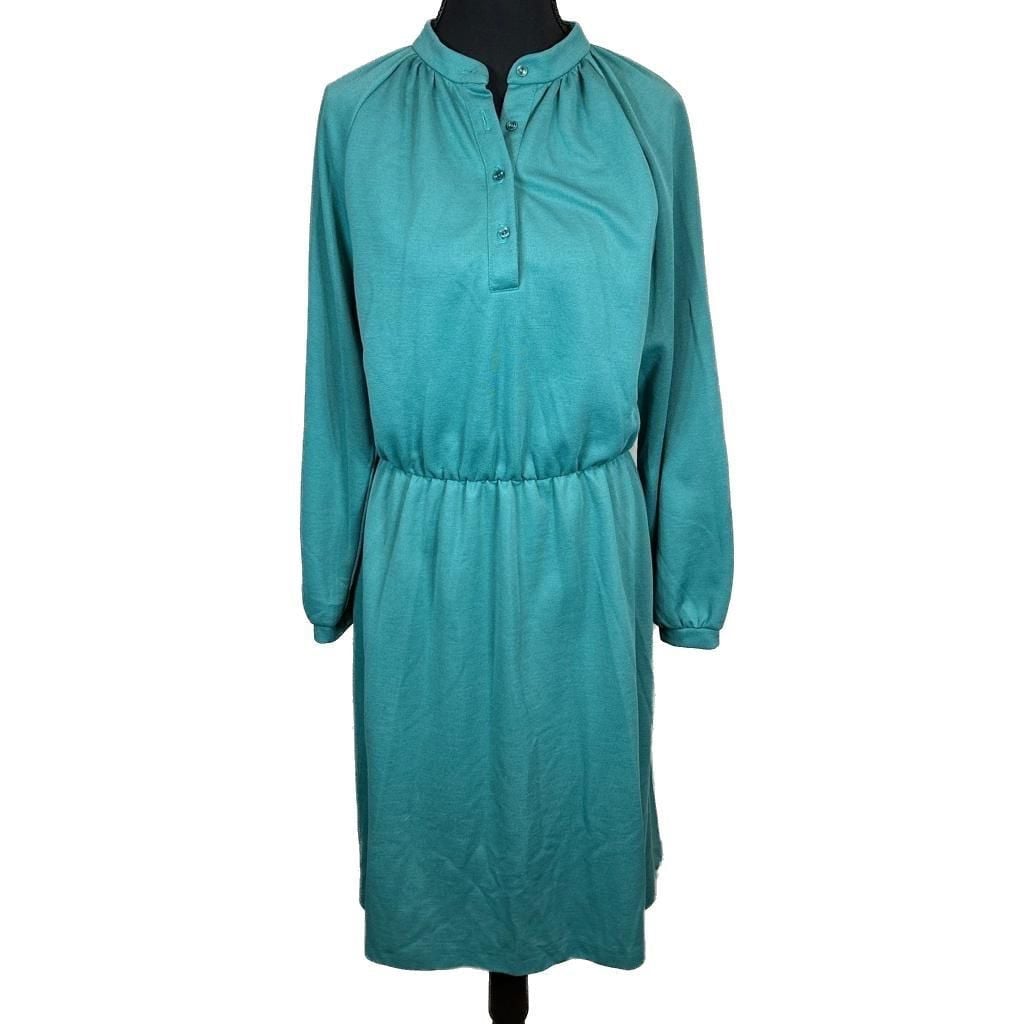 Vintage Sears Teal Green Polyester Wool Blend Long Sleeve Secretary Dress Size 14P 1